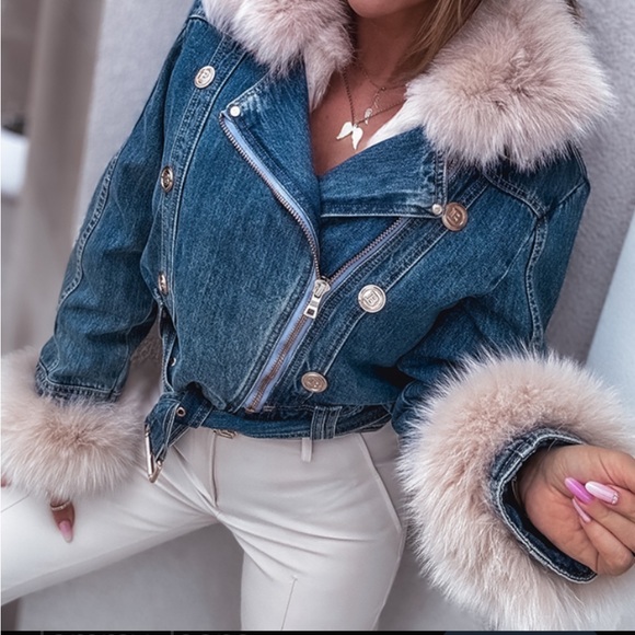 Women's Faux Collar Denim Jacket Punk Warm Coat size XL - Picture 2 of 12